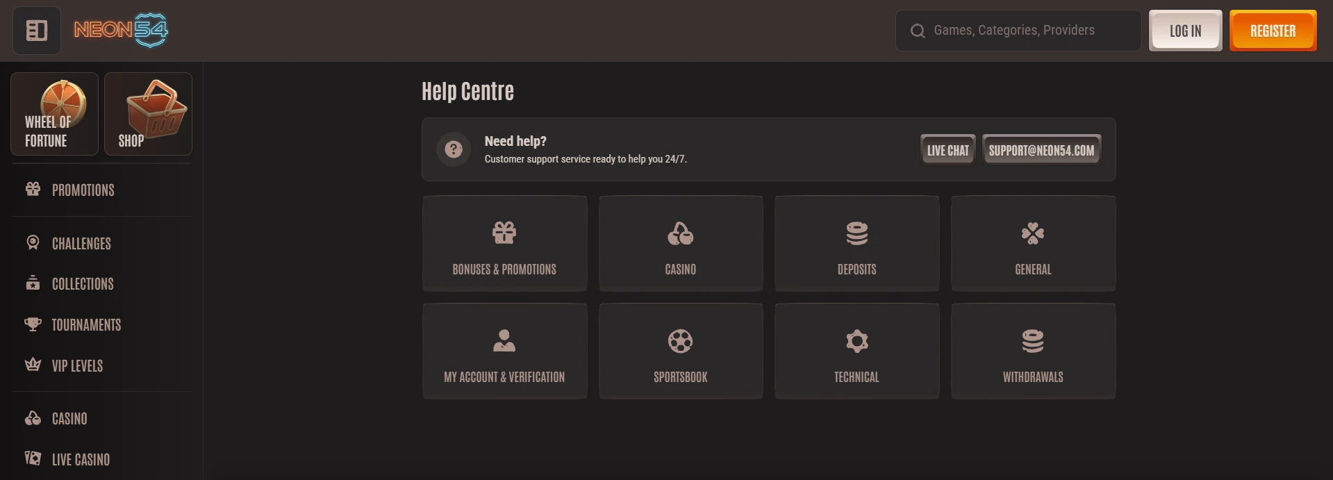 Neon54 support options with live chat